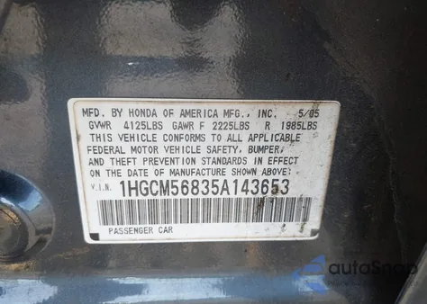 2005 Honda Accord 2.4 Ex from USA, damaged, VIN 1HGCM56835A143653